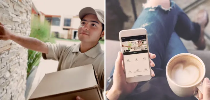 a collage of two pictures. 1st one is a courier delivering a package and the second one is a woman enjoying her coffee and watching through her phone the courier at her front door